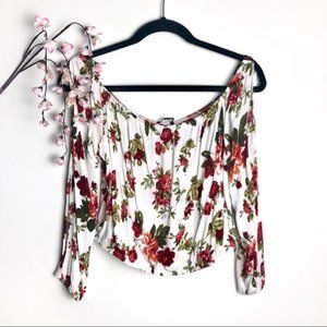 Forever 21 White & Red Floral Print Off The Shoulder Crop Top